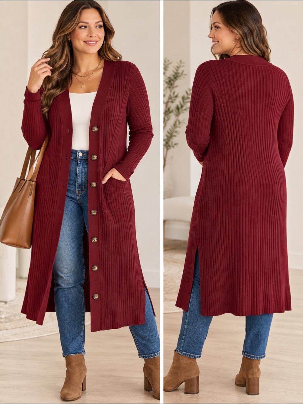 Ava & Viv XXL Plus Size Wine Burgundy Ribbed Long Button Front Duster Cardigan